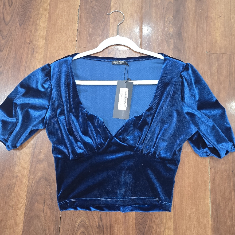 Cupcake Velvet Crop Top Teal Blue Ruched Puff Sleeve Bustier Babydoll Celestrial